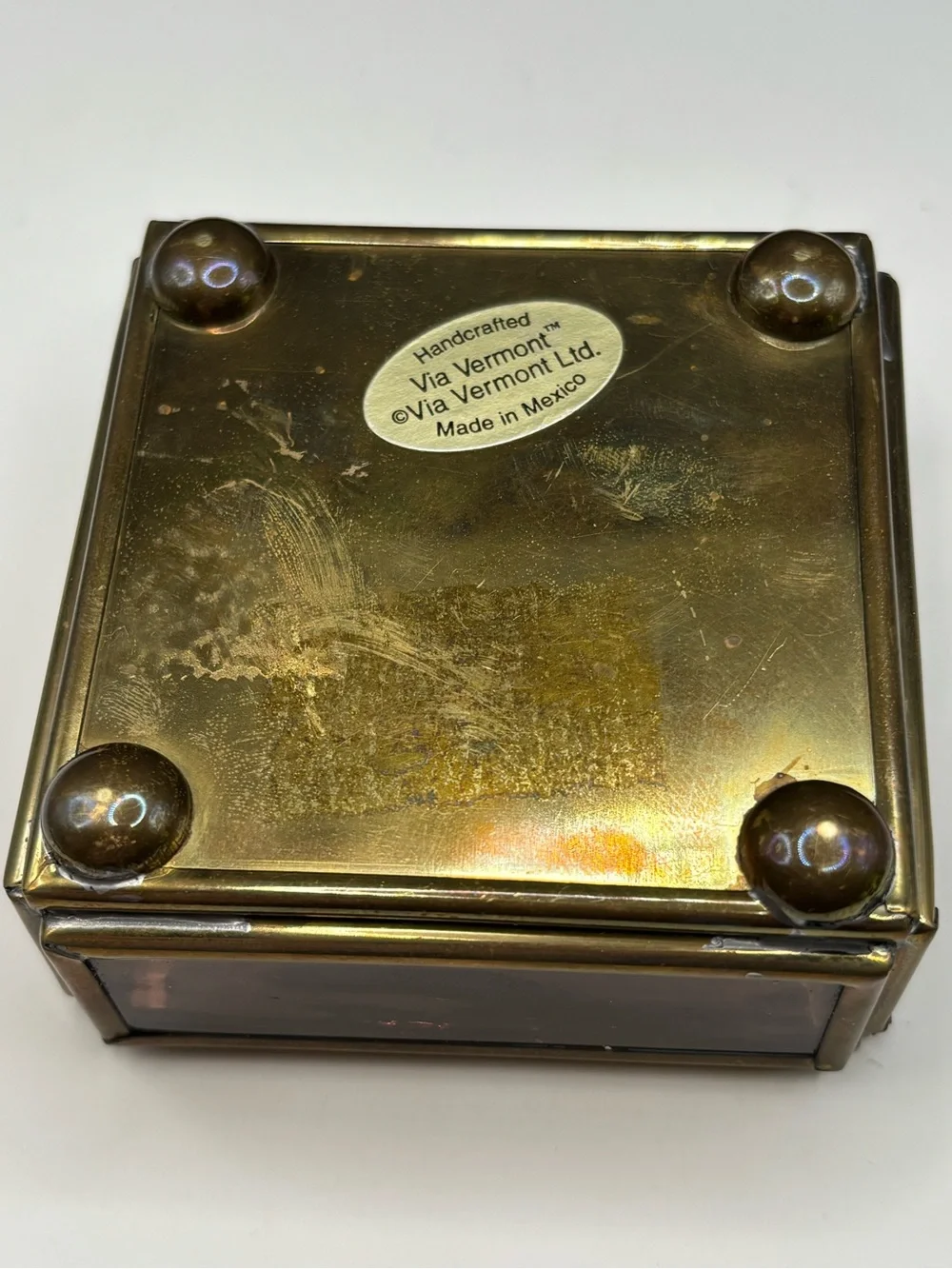 Vintage Via Vermont Cherub Brass Stained Art Glass Trinket Box Holographic